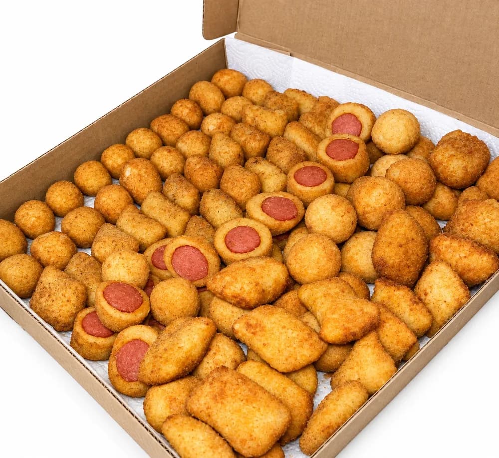 Combo Topzeira: 100 Salgadinhos + 10 Mini Pastéis + 1 Refri 2l